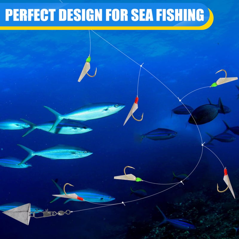 OROOTL Fishing Bait Rigs Saltwater, 6 Packs Surf Fishing Rigs with Sharp Hooks Fish Skin Feather Swivel Snap Glow Saltwater Lures Sea Bass Cod Herring Hook Rig Size 4 6 8 - Image 5